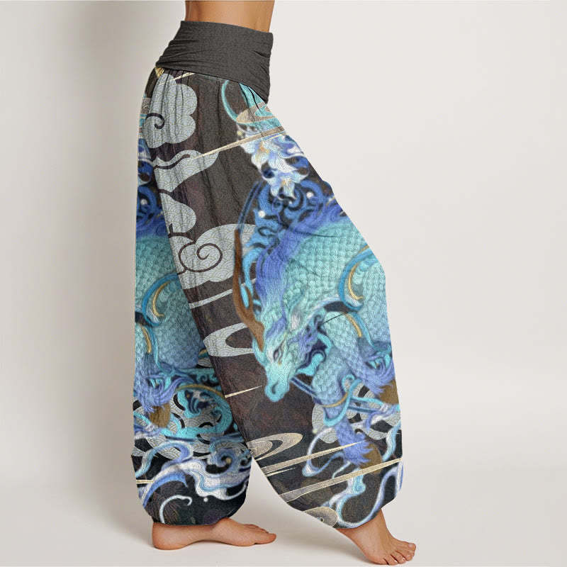 Dragons Auspicious Clouds Pattern Women's Elastic Waist Harem Pants