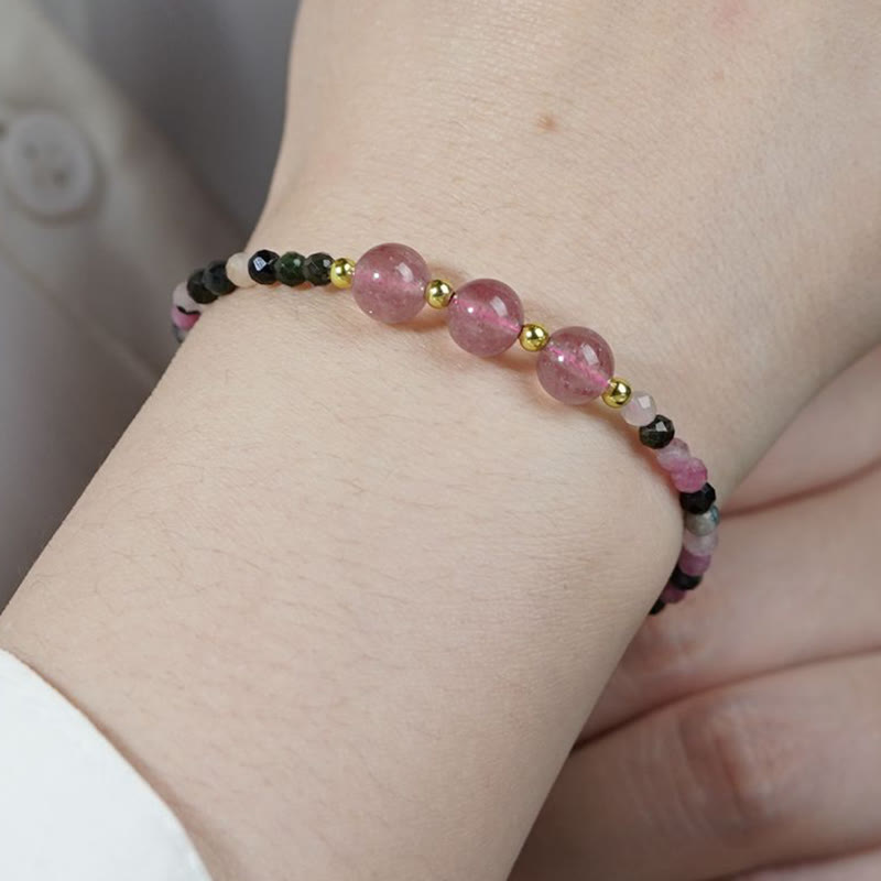 Natural Colorful Tourmaline Strawberry Quartz Bead Positive Love Bracelet