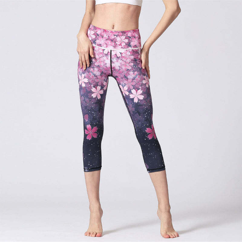 Cherry Blossoms Sakura Lines Print Sports Yoga Cropped Leggings Women's Yoga Capri Pants