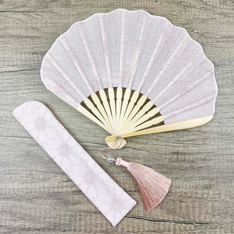 Retro Large Flower Embroidery Shell Shape Tassels Handheld Bamboo Folding Fan