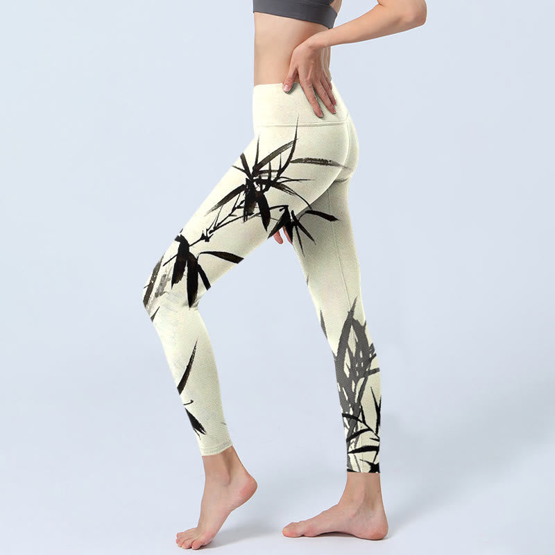 Ink Painting Bamboo Leaves Print Sports Leggings Women's Yoga Pants