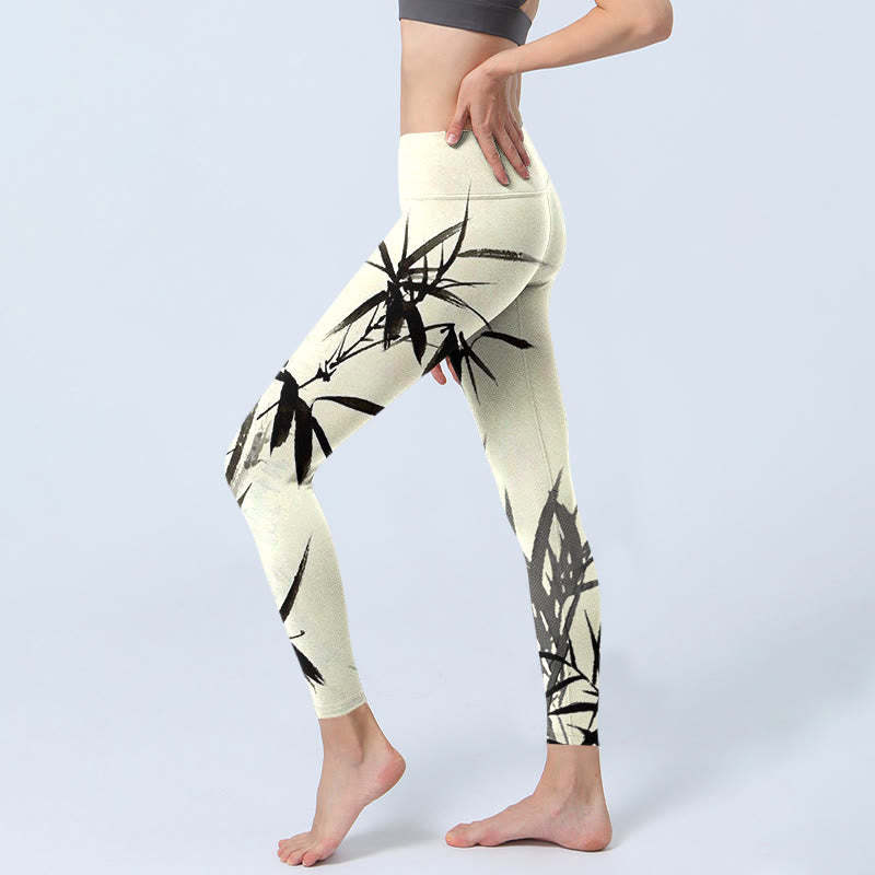 Ink Painting Bamboo Leaves Print Sports Leggings Women's Yoga Pants