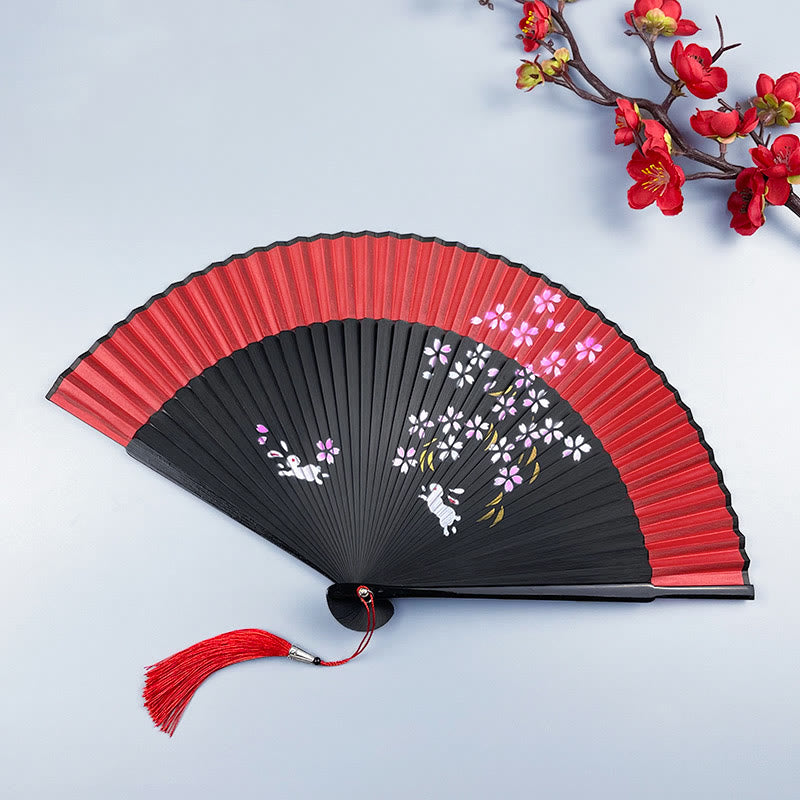Flower Rabbit Spray Painting Handheld Cotton Linen Fabric Bamboo Folding Fan