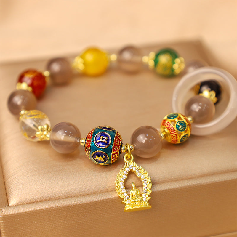 Natural Gray Agate Five Directions Gods of Wealth Om Mani Padme Hum mystic zen Charm Bracelet