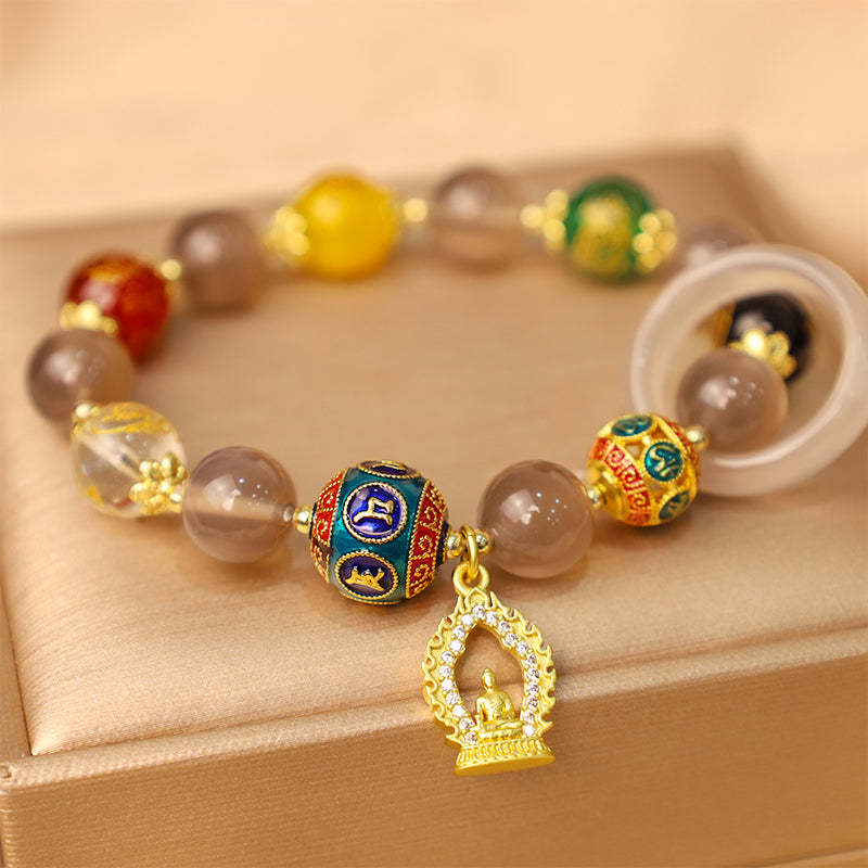 Natural Gray Agate Five Directions Gods of Wealth Om Mani Padme Hum mystic zen Charm Bracelet