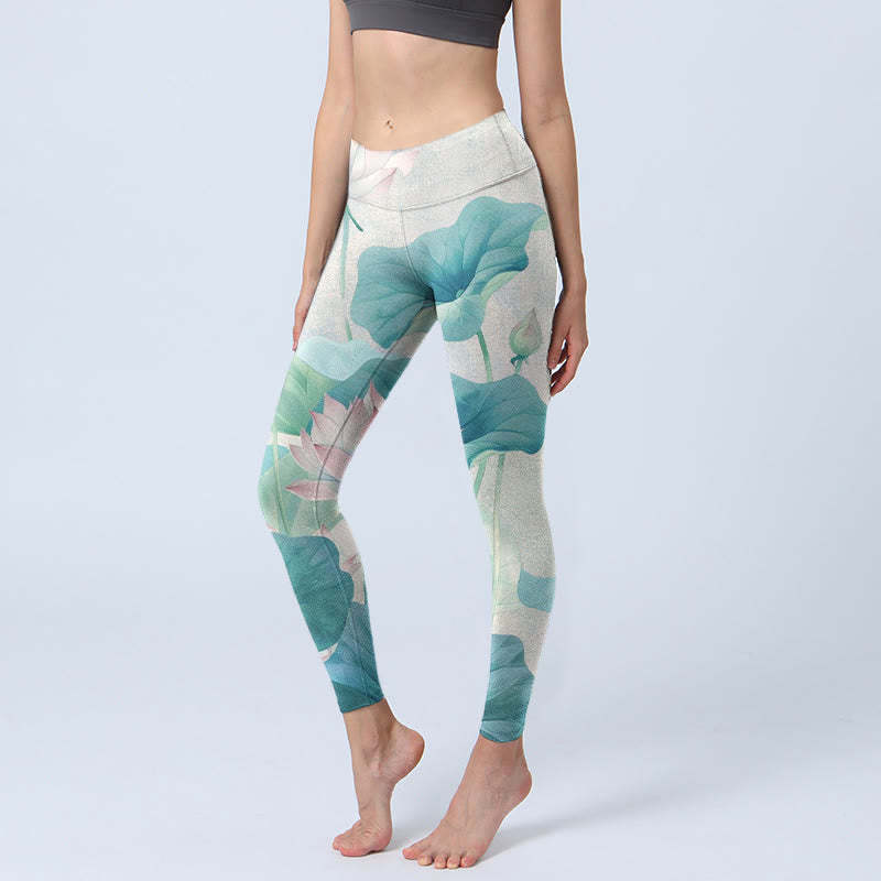 Blooming  White Pink Lotus Leaves Print Gym Leggings Women's Yoga Pants