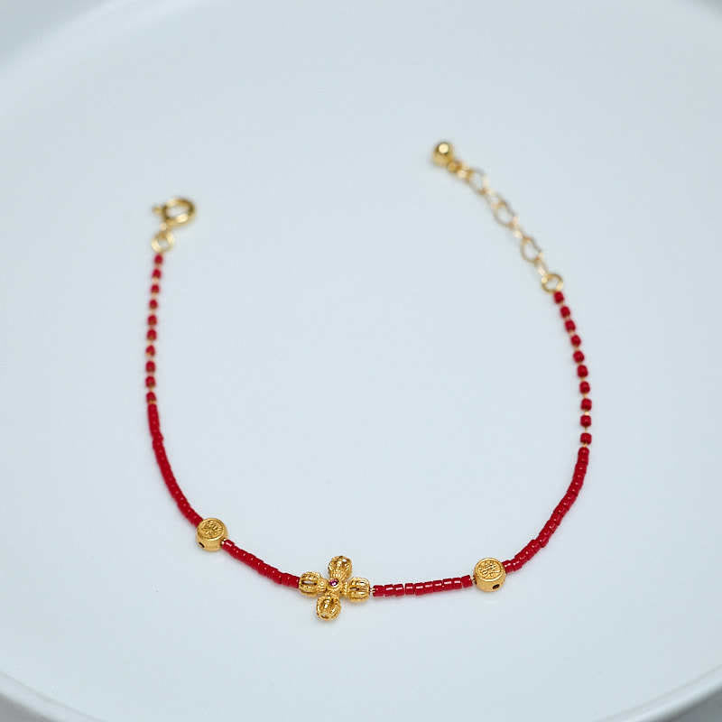 24k Gold Plated 925 Sterling Silver Liuli Glass Bead PiXiu Four Leaf Clover Joy And Happiness Wealth Bracelet