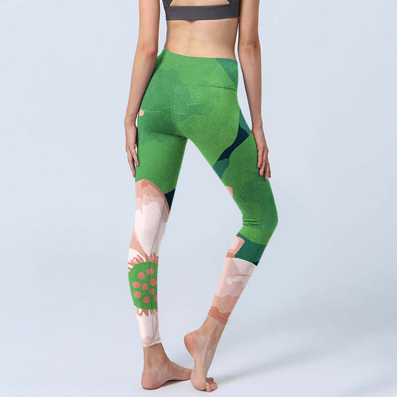 Green Lotus Flower Leaf Print Sports Fitness Leggings Women's Yoga Pants