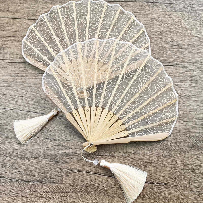 Rose Embroidery Lace Shell Shape Tassels Handheld Bamboo Folding Fan
