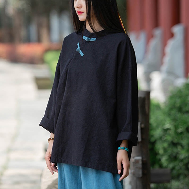 Ramie Linen Loose Blouse Women Long Sleeve Shirt Chinese Hanfu Top