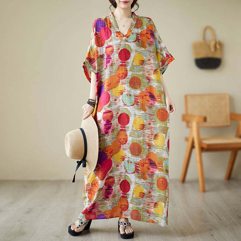 Orange Blue Colorful Polka Dots Midi Dress Cotton Half Sleeve Dress With Pockets