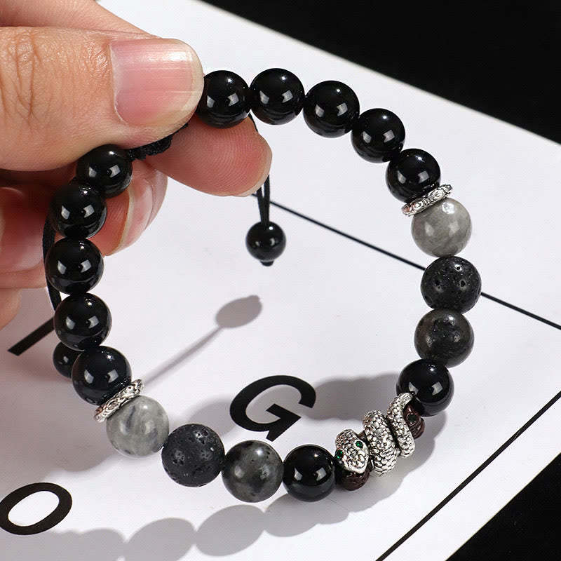 Black Onyx Black Glitter Stone White Agate White Turquoise Year Of The Snake Protection Bracelet