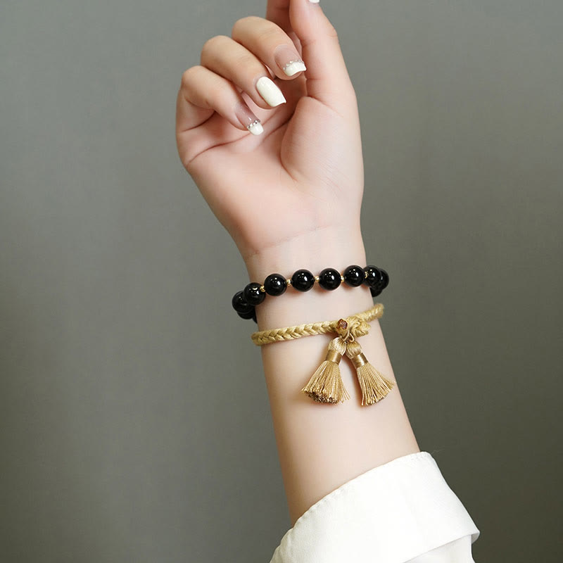 2Pcs Black Onyx Bead Support Protection String Bracelet