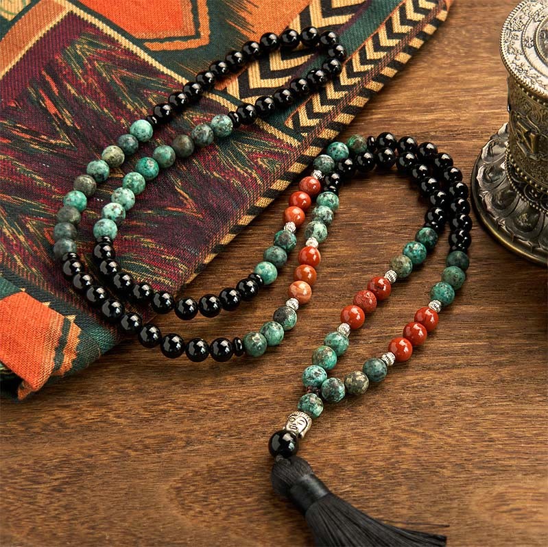 108 Mala Natural Black Onyx Red Jasper Turquoise Beads mystic zen Head Tassel Protection Bracelet