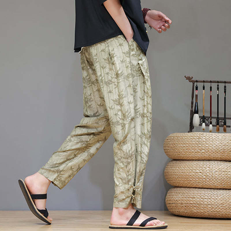 Bamboo Ankle Frog-button Drawstring Men's Pants With Pockets
