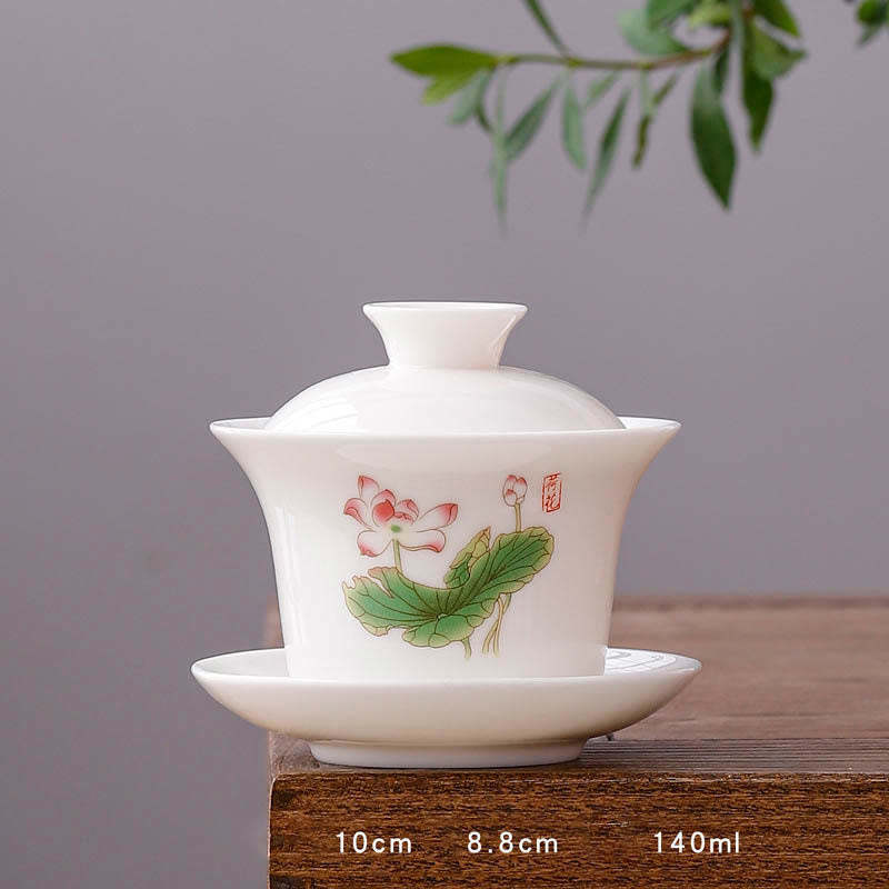 White Porcelain Mountain Landscape Countryside Ceramic Gaiwan Teacup Kung Fu Tea Cup And Saucer With Lid