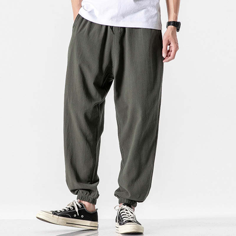 Solid Color Drawstring Cotton Men's Pants With Pockets
