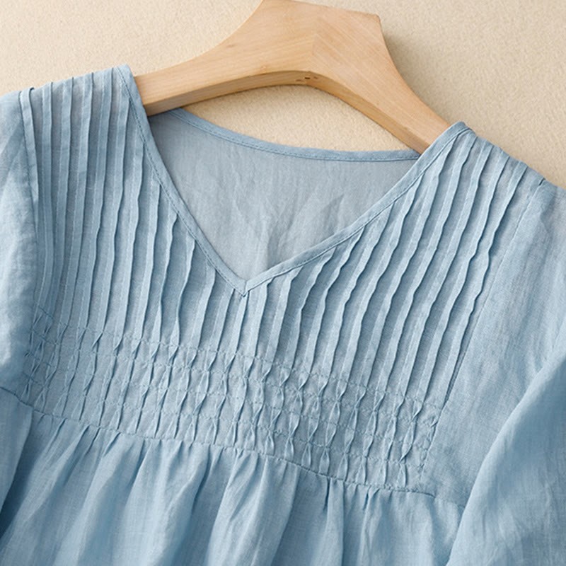 Casual Plain Loose Women's V-Neck Design Half Sleeve Cotton Linen Shirt