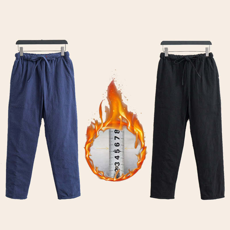 Winter Solid Men's Drawstring Cotton Fleece Lined Pants With Pockets