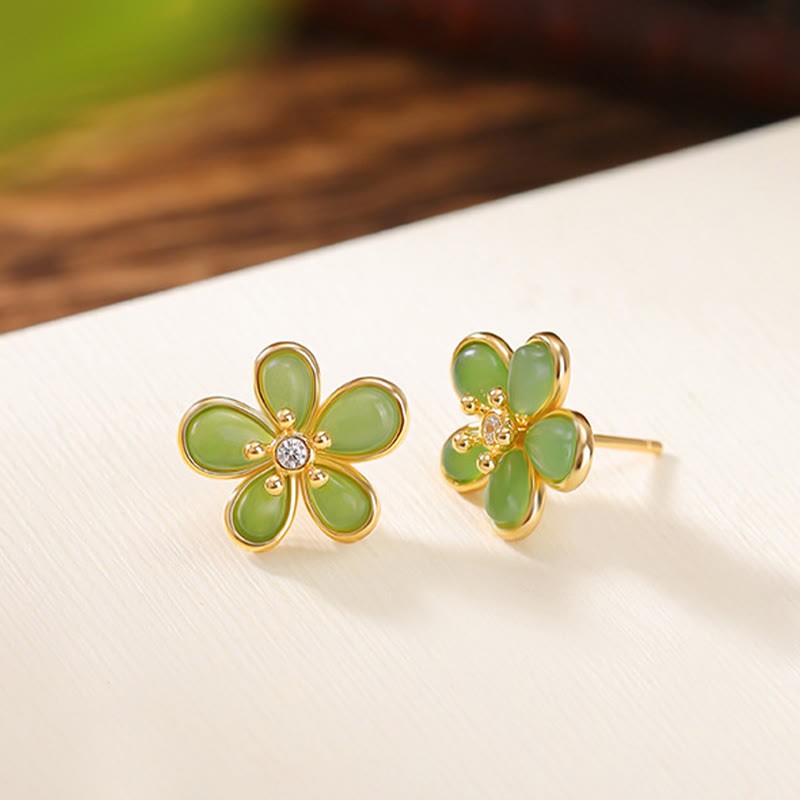 925 Sterling Silver Hetian Jade Flower Design Abundance Luck Earrings