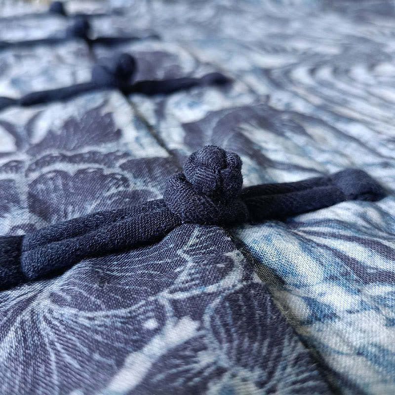 Retro Blue White Flowers Frog-Button Design Long Sleeve Ramie Linen Jacket Shirt