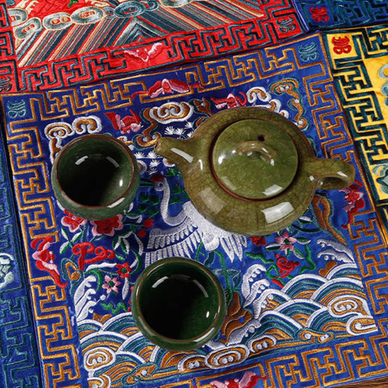 Crane Phoenix Dragon Kirin Embroidered Cup Mat Pad Tea Cup Coaster Square Kung Fu Tea Mat