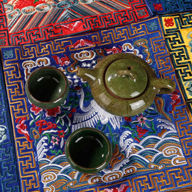 Crane Phoenix Dragon Kirin Embroidered Cup Mat Pad Tea Cup Coaster Square Kung Fu Tea Mat