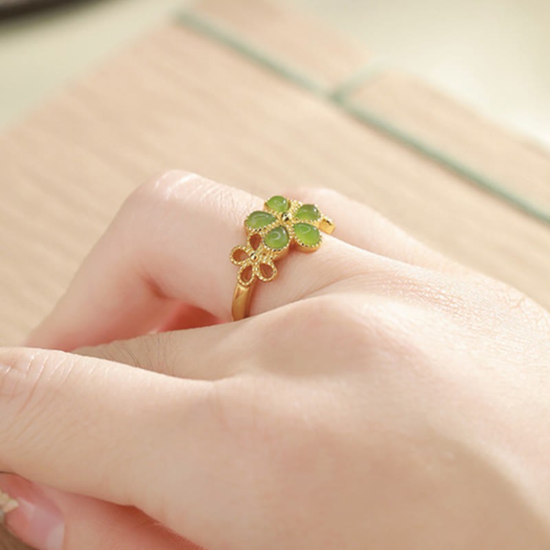 Natural Hetian Jade 925 Sterling Silver Plated Gold Flower Adjustable Prosperity Ring