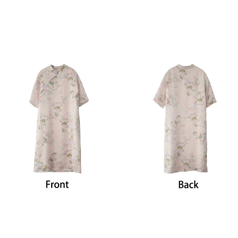 Frog-button Leaves Branches Midi Dress Cotton Linen Short Sleeve Dress With Pockets