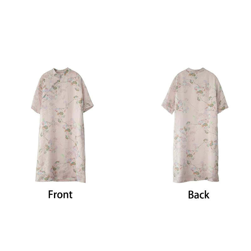 Frog-button Leaves Branches Midi Dress Cotton Linen Short Sleeve Dress With Pockets