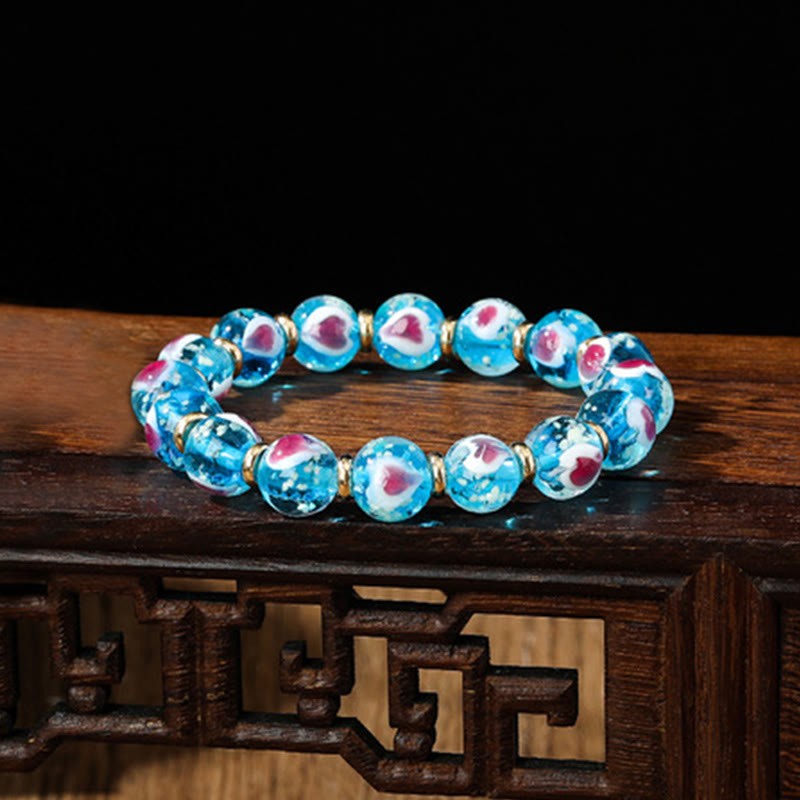 Gold Swallowing Beast Family Pink Love Heart Luminous Fluorescent Liuli Glass Bead Bracelet