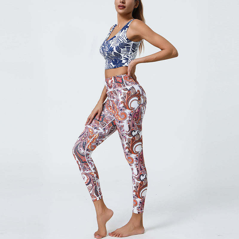 Flowers Feathers Sun Moon Print Sports Fitness Yoga High Waist Leggings Women's Pants