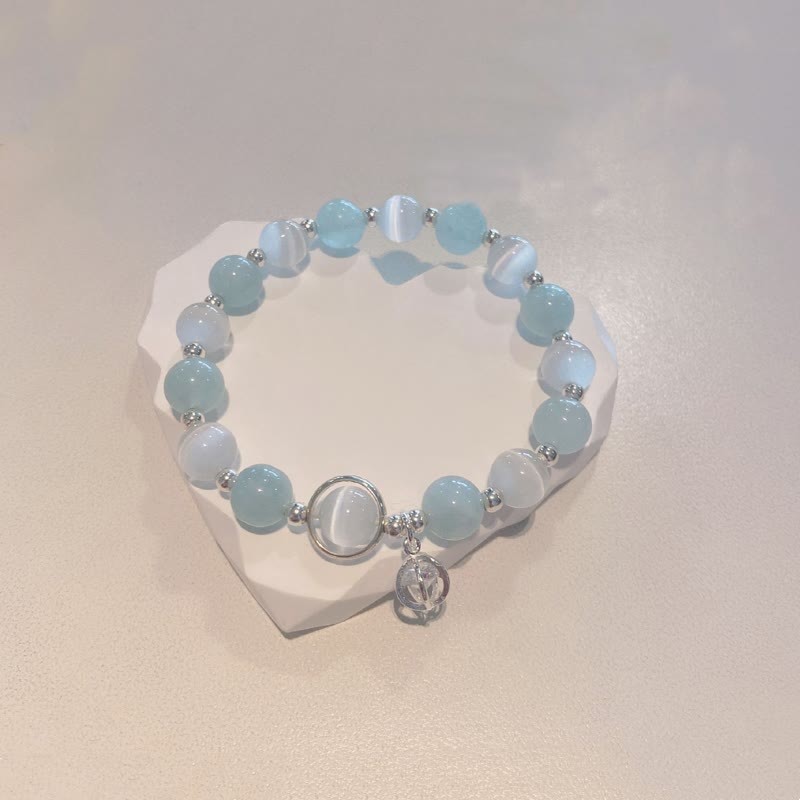 925 Sterling Silver Cat's Eye Aquamarine Support Charm Bracelet