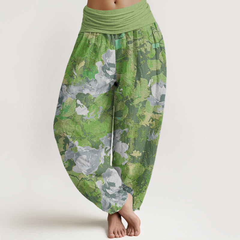 Rose Flowers Pattern Women's Elastic Waist Harem Pants