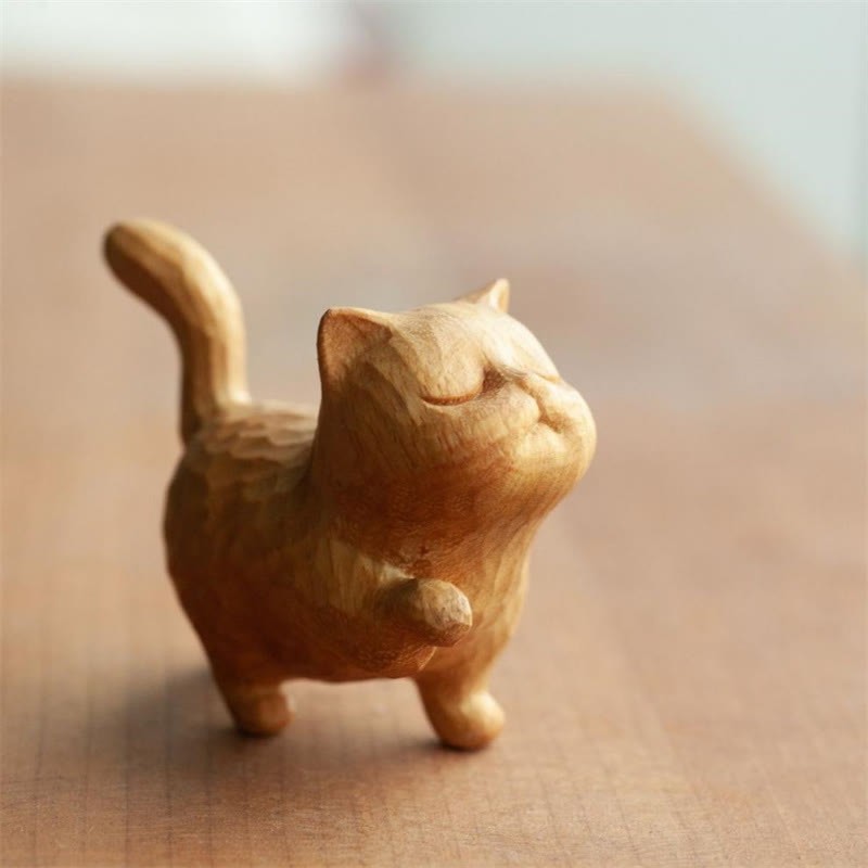 Mini Thuja Sutchuenensis Boxwood Cute Cat Kitten Carved Prosperity Decoration
