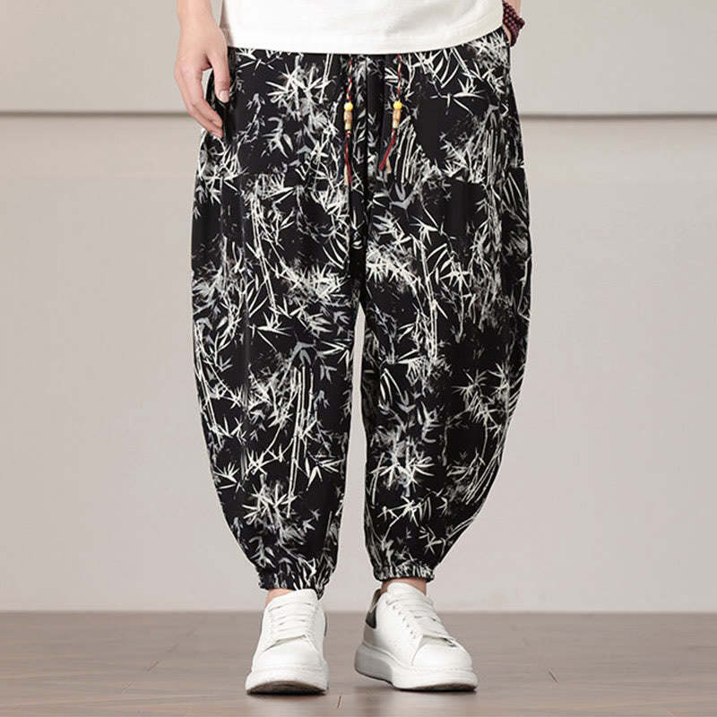 Bamboo Leaf Pattern Drawstring Men's Harem Pants With Pockets