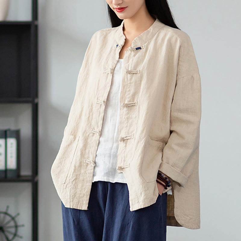 Solid Color Frog-button Long Sleeve Linen Women's Shirts With Pockets