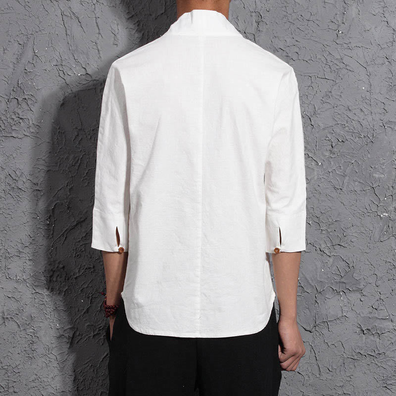Casual V-Neck Three Quarter Sleeve Shirt Cotton Linen Men Clothing