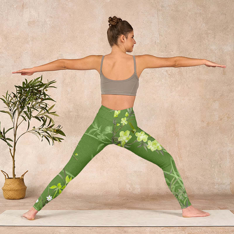 Magpie Flowers Branches Print Gym Leggings Women's Yoga Pants