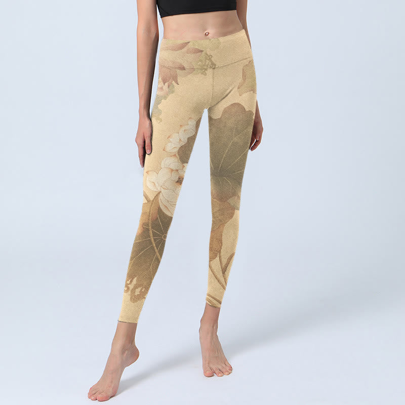 Lotus Flowers Leaves Print Gym Leggings Women's Yoga Pants
