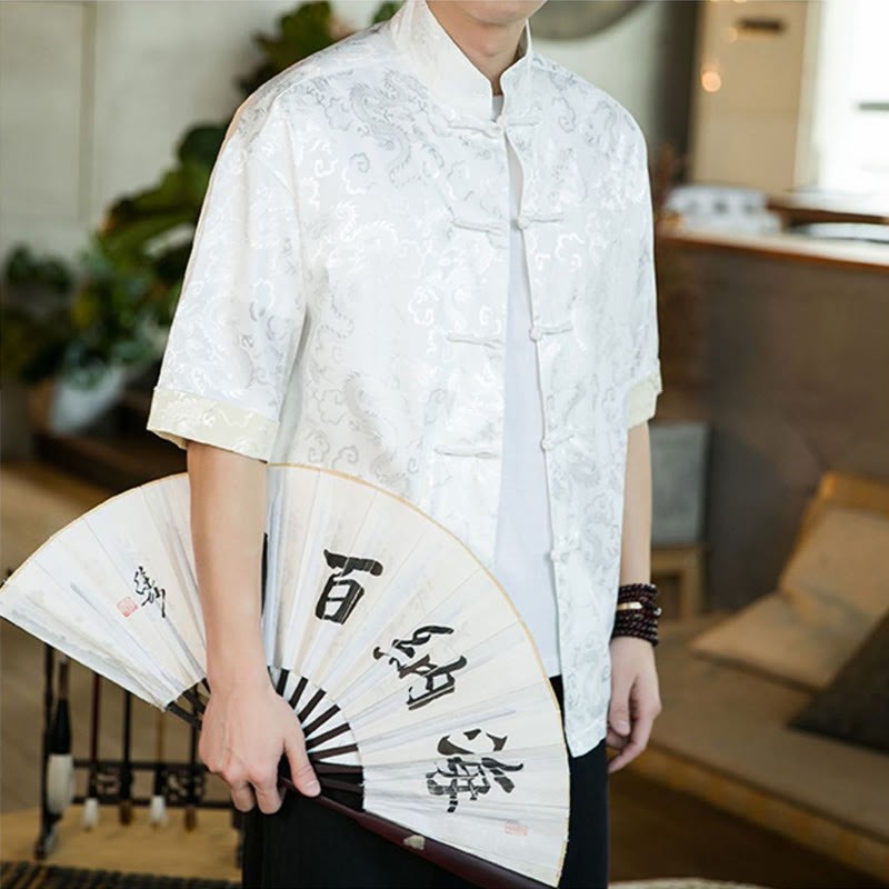 Chinese Tang Suit Frog-button Dragon Print Men's Half Sleeve Shirts