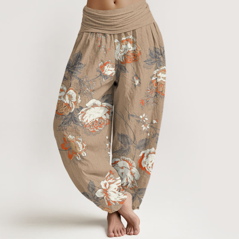 Casual Rose Leaf Pattern Women's Elastic Waist Harem Pants