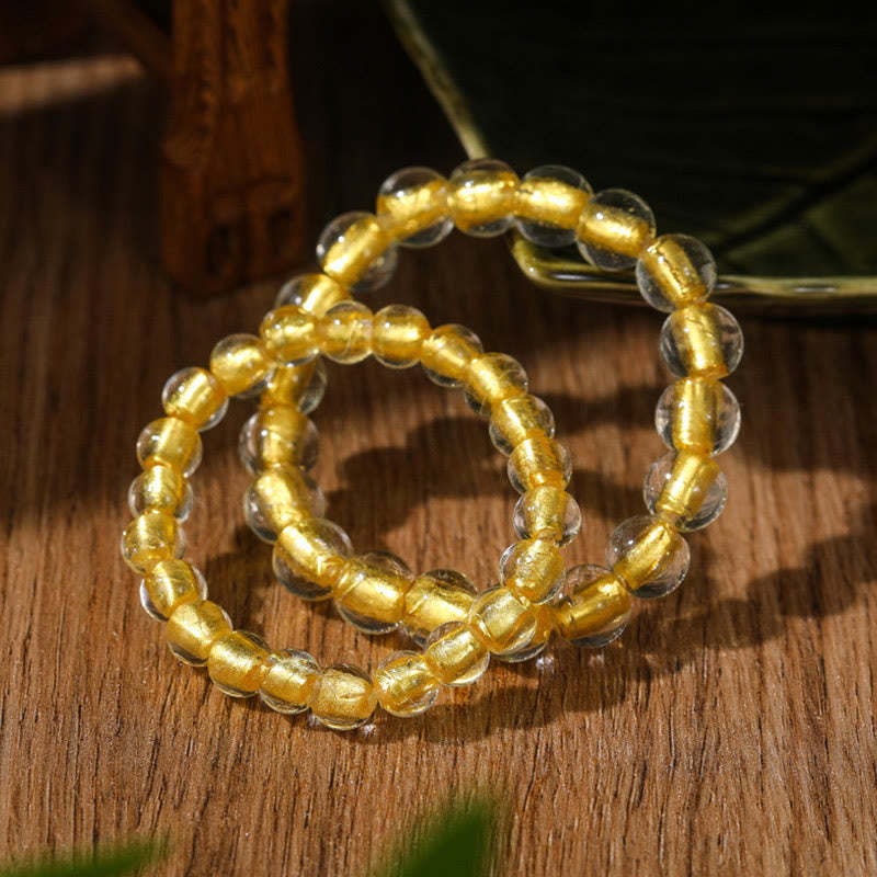 Gold Swallowing Beast Family Charm Gold Foil Liuli Glass Bead Fortune Bracelet