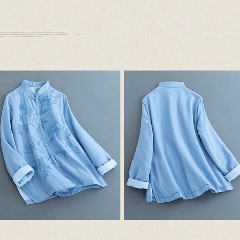 Retro Flower Design Thermal Long Sleeve Cotton Linen Women's Shirt