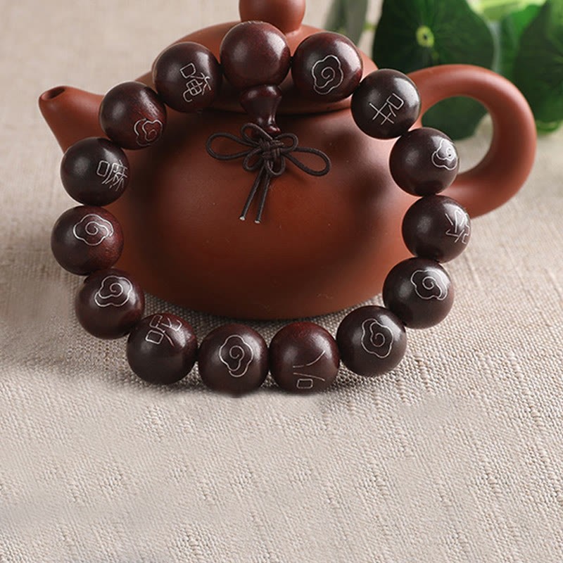 925 Sterling Silver Inlaid Small Leaf Red Sandalwood Om Mani Padme Hum Character Auspicious Clouds Protection Bracelet