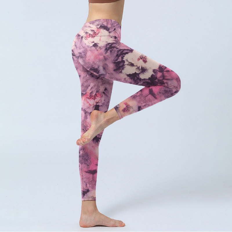 Purple Peony Flowers Print Gym Leggings Women's Yoga Pants