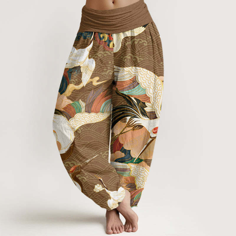 Red-crowned Crane Cloud Pattern Women's Elastic Waist Harem Pants
