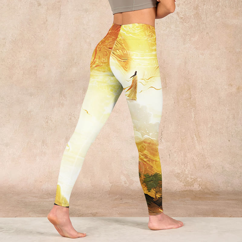 Golden Auspicious Cloud Figure Print Fitness Leggings Women's Yoga Pants