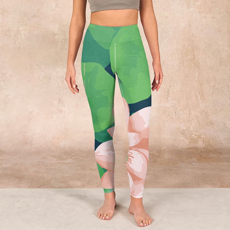 Green Lotus Flower Leaf Print Sports Fitness Leggings Women's Yoga Pants