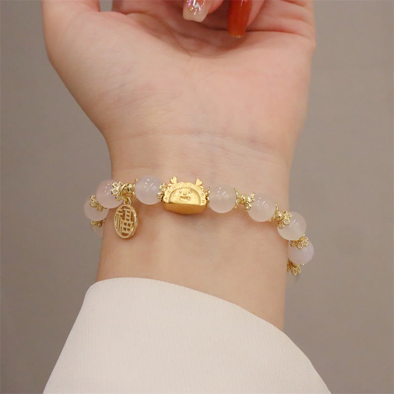 Year Of The Dragon Red Agate Strawberry Quartz Black Obsidian Jade Garnet Pearl Cinnabar Dumpling Dragon Luck Fu Character Bracelet